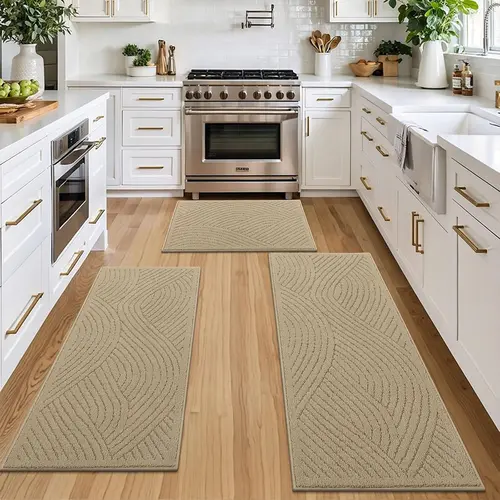 [FallDealsForYou] HEBE Traditional 3-Piece Soft Wavy Striped Absorbent All-Surface Kitchen Rugs Set, Non-Slip Polypropylene Low Pile, Durable Anti-Shrink Fade-Resistant Base, Machine Washable for Indoor Entryways