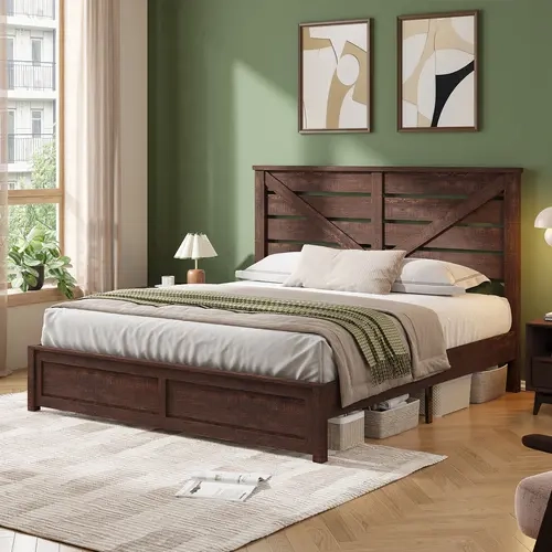 AMERLIFE Rustic Farmhouse Fibreboard Sturdy Bed Frame with 49.2" Unique Barn Door Headboard - Platform Bed Base, Noise-Free, No Box Spring Needed, Easy Assembly, Apartment Furniture, Storage Platform Bedframe