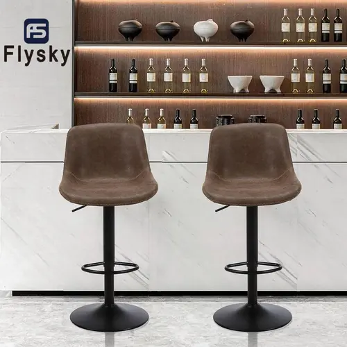 FlySky Modern Upholstery Barstools Set - Waterproof PU Leather Armless Adjustable Furniture, 360-Degree Swivel Counter Height Chairs with Round Base for Kitchen Island