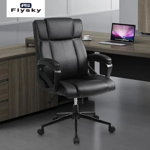 FlySky Ergonomic Durable Office Chair - Modern Upholstered Leather Mid-Back, Padded Adjustable Armrests, Metal-Frame Lumbar Support, Tilt Function, Rolling Wheels, 300lb Capacity, Adjustable Recline Design, Guaranteed, Assembly Required, Home Office Use
