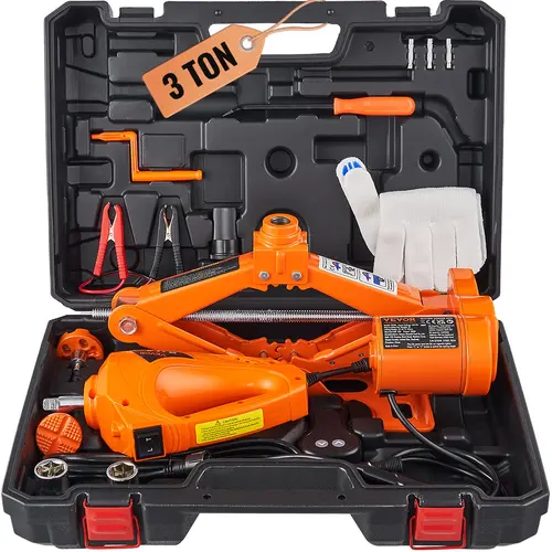 VEVOR 12V Electric Scissor Car Jack Kit, 3t Max Load, 12V Lighter Power, 2 Pcs Saddles, Toolbox, Gloves, Electric Impact Wrench, Remote Control, Portable Car Tools for Sedan/SUV Tire Changing