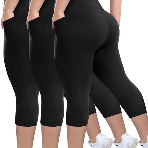 Plus Size Plain Pocket High Waist Capri Leggings, High Waisted Yoga, High Waisted Sportswear, Casual Comfy Breathable Capri Pants for Daily Wear, Women's Plus Bottoms for Summer, Workout Clothes, Fitness Bottoms, Leggings with Pockets