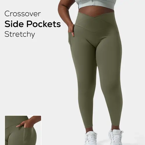 Halara Softlyzero High Waisted Crossover Side Pocket Plain Plus Size Full Length Leggings-UPF50+