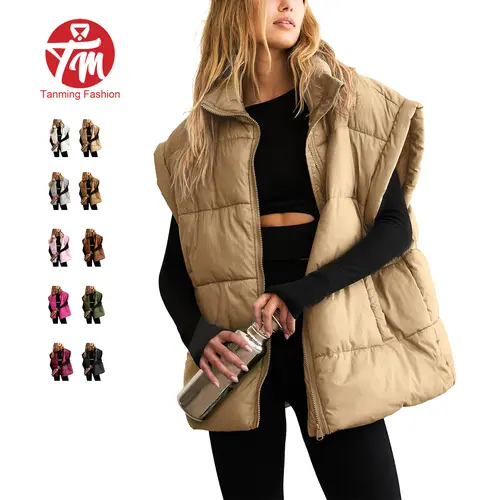 Tanming Womens Oversized Puffer Vest Stand Collar Sleeveless Quilted Jacket Full Zip Layering Body Warmer Outerwear with Pockets Casual Fall Winter Layering Work School Vacation Outfits Clothing