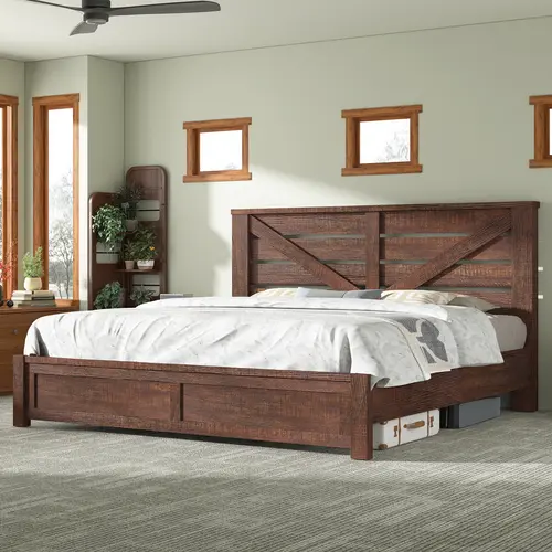 AMERLIFE Farmhouse Bed Frame with 49.2" Barn Door Headboard, Platform Bed Frame with Wood Slats, Under Bed Storage Space, Noisy Free, Easy Assembly/Best Gift Ideas/Christmas Gifts[TikTokShopFallDealsForYou]