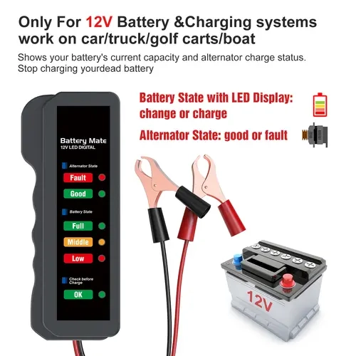 BM310 Motorcycle Car Battery Tester for 12V System - 6 LED Display Alternator Scanner, No Sparks 2 Test Clamps, Good Chip Inside, 18*13*8cm Compact Tool, Easy-to-Use for Cars, Golf Carts