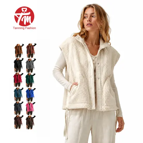 Tanming Womens Sherpa Fleece Vest Stand Collar Zip Snap Button Sleeveless Jacket Layering Outerwear with Pockets Casual Fall Winter Work School Vacation Outfits Clothing