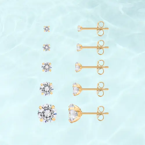 PAVOI Waterproof Five Pairs Stud Earrings Set for Women - 14K Gold Plated Stainless Steel 5 Earrings Pack - Hypoallergenic Premium Cubic Zirconia Studs