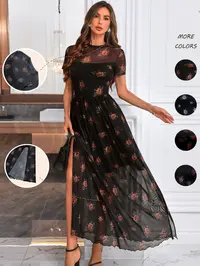 Women's Rose Floral Print Sheer Lightweight Split Thigh A-Line Dress, Gothic Vintage Elegant Casual Style Short Sleeve Round Neck Dress for Party, Holiday and Wedding Guest, Ladies All-Season Clothes Womenswear
