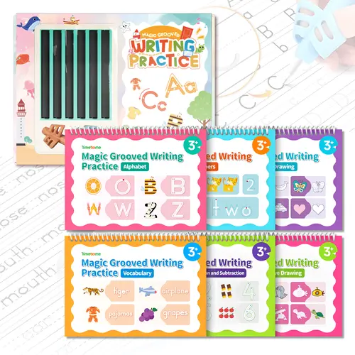 2026-Timetome Reusable Grooved Handwriting Workbook for Kids, Learning Materials, 6 Books–Early Elementary,Math, Words, Drawing –Gift for Child，summer learning workbook