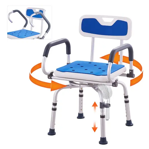 【toolupgrade】VEVOR Non-Slip Aluminium Swivel Shower Chair, 360° Swivel for Easy Turns, Pivoting Arms, Padded Seat & Back, 17.3"-20.3" Height-Adjustable, 400 lbs Max Capacity, for Seniors/Pregnant Women, Showerhead-Compatible