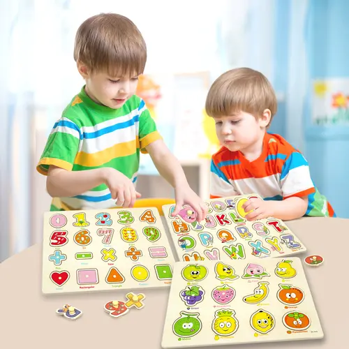 edutree Wooden Peg Puzzles for Toddlers 1 2 3 4, 6 Pack Educational Peg Puzzles Montessori Toys, Learning Puzzles for Kids Girs Boys with Alphabet Number Animal Vehicle Shape, Halloween gift, Mother's Day Crafts