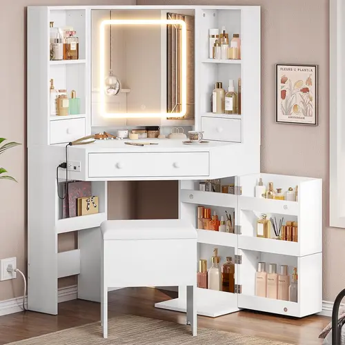 Sikaic Corner Vanity Desk with Lights and Charging Station, Makeup Vanity Set with LED Mirror, Storage Stool, Drawers & Rotating Shelves, Modern Corner Makeup Table for Bedroom, Home Furniture Christmas Gifts cozy home familyfun [TikTokShopblackfriday]