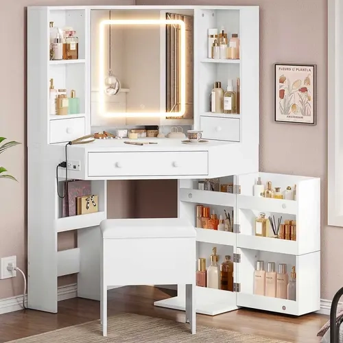 Sikaic Corner Makeup Vanity Desk with LED Lighted Mirror (3 Lighting Modes, 3 Lighting Effects), 4 Drawers, Rotating Shelves, Built-in Power Strip Charging Station & Storage Stool - Color-Changing Illuminated Vanity with Lights for Bedroom