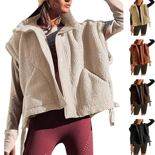 Yeokou Women's Fuzzy Sherpa Fleece Sleeveless Vest - Casual Loose Fit Button-Down Outerwear with Hand-Warm Pockets, Minimalist Shape Elevates Basics, Solid Plain Snap-Front Top for Hiking
