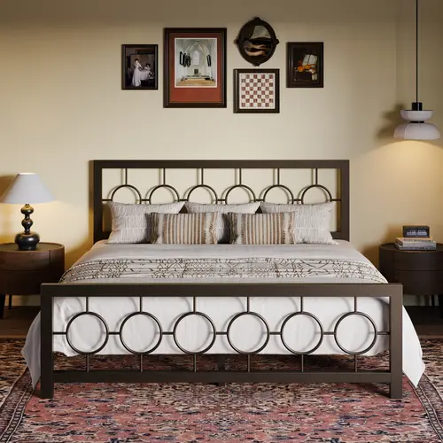 SHA CERLIN Vintage Circular Design Headboard and Footboard Metal Bed Frame with No Box Spring Required, Noise-Free, Black/Brown, Twin/Full/Queen/King Size, Queen Size Bed Frame, Circle Bed, sohochic