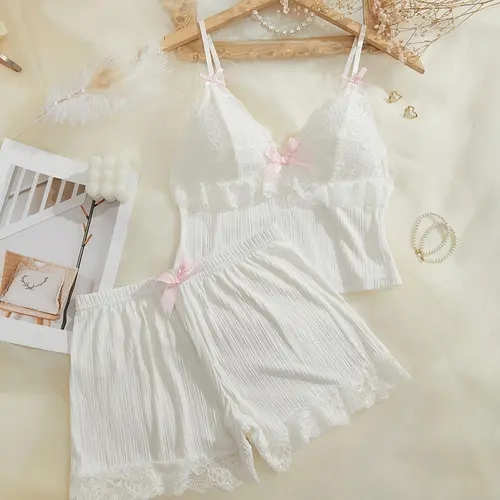 Women's Contrast Lace Bow Decor Ribbed Pyjama Two-piece Set, Cute Elegant Adjustable Spaghetti Strap Ruffle Trim Crop Camisole & Elastic Waist Shorts Pj Set, Ladies Sleepwear for All Seasons, Aesthetic Womenswear, Lingerie Nightwear