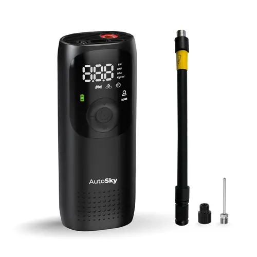 AutoSky Compact and Portable Battery-Powered Vehicle Tire Inflator - Digital Screen Pressure Gauge, Built-in LED, 1-Click Automatic Smart Pump, 4-Min Fast Inflation, Auto Shut-Off, Glovebox-Fit, Emergency Tool for Cars, Motorcycles, Cells-Compatible