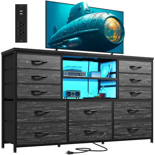 【Stock Up】Raybee Modern 10–12 Drawers Fabric Dresser for Bedroom, Wide Storage Dresser Organizer & Drawer Chest with LED Lights and Charging Station,45-Inch TV Stand Dresser with Large-Capacity Drawers for Living Room,Closet,Entryway & Home Décor