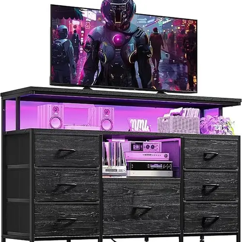 【Fall deals for you】Raybee Furniture 7 Fabric Drawers Dresser TV Stand,   with LED Lights & power outlets for 55" TV, for Bedroom Entertainment Center,  for Living Room tv stand