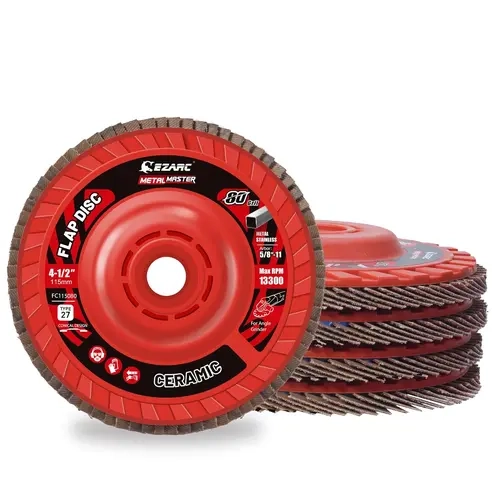 EZARC Tools 13-Pack 4.5-in Type 27 Ceramic Grain Rotary Flap Discs, 7/8-in Arbor, Durable Heavy-Duty Trimmable Back Grinding Wheel with Integrated Hub, 300 rpm, Tool-Free Swap, Safety Design for Fast Stock Removal, Weld Finishing, Blending, Beveling