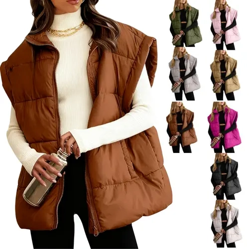 Ommig Women's Oversized Quilted Puffer Vest - Mid-Length Lightweight Zip-Up, Cap Sleeves, Stand Collar, Pockets, H-Type, Plain Preppy Style for Layering Outfits, Puffer Vest Women's Casual Jackets