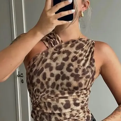 Women's Leopard Print Asymmetrical Neck Ruched Medium Stretch Slim Fit Bodysuit, Casual Sleeveless Bodysuit for Summer, Ladies Clothes for Holiday Party Club, Soft Mesh Bodysuit, Fashionable Bodysuits