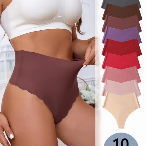 10/20 Pack Scallop Edge Thong Briefs, Comfortable Ice Silk Seamless High Waist Underwear, Casual All Seasons Fitted Bottoms
