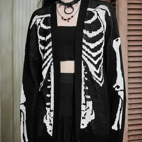 Women's Halloween Skeleton-Print Loose Drop-Shoulder Knitted Cardigan, Casual Long-Sleeve Open-Front Knitwear for Fall & Winter and Daily Wear