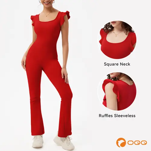 OQQ Women's Thick Fabric Ribbed Square Neck Ruffled Sleeveless Flare Jumpsuit - Sexy Shirt-Trouser Style, Breathable Sporty Stretchy Basic Womenswear
