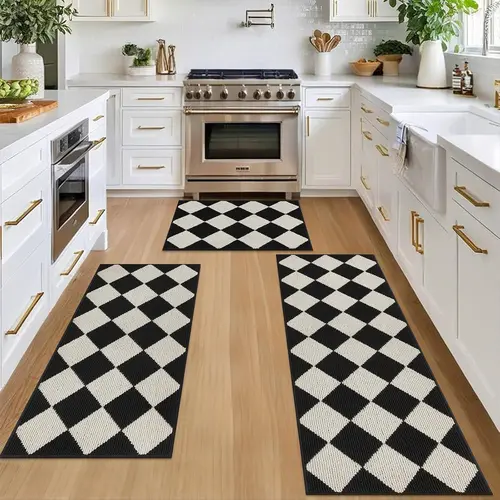 [Deals for You Days] HEBE 3-Piece Washable Kitchen Mat Set with Red Non-Slip Rubber Backing, Including Kitchen Runner Rug, Ideal for Winter Holiday Home Decor, Laundry Room Use