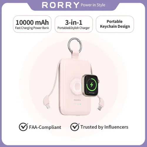 RORRY 10000mAh Mobile Portable Charger, Fast-Charging Compact Durable Everyday Carry Gear with Built-in Cables, Keychain, Wireless Magnetic Protection - Lightweight Travel Battery Pack for iPhone 17-11, iWatch, Android, AirPods, iPad, Father's Day Gift te