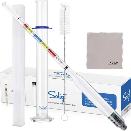 SOLIGT Triple Scale Hydrometer with 125ml Glass Test Jar & Stainless Steel Bottle Cleaning Tool - Lead & Mercury Free, Sturdy Fermented Drink ABV Tester, Easy-to-Read Color Coding, Gift for Home Brewers, Reusable for Beer, Mead