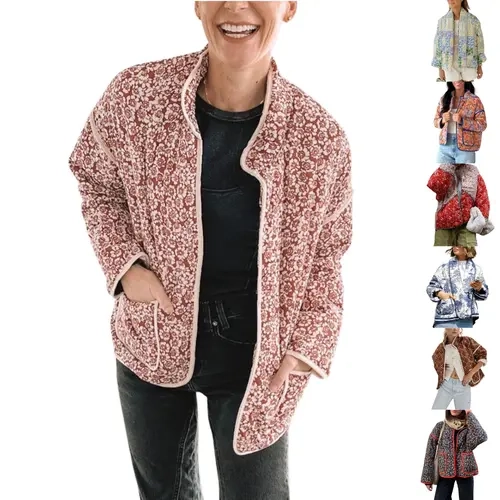 Ommig Women's Preppy Retro Boho Floral All-Over Print Quilted Coat - Lightweight Cropped Puff-Sleeve Open-Front Pull-On Cardigan, Party Wear, XL Size