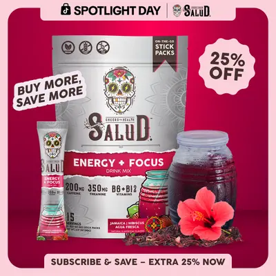Salud 2-in-1 [Energy + Focus - Jamaica | Hibiscus] Clean Energy Drink Mix, Agua Fresca, Organic Caffeine, B6 & B12, L-Theanine, Drink Packets, Non-GMO, Gluten Free, Vegan, Low Calorie, 1g Sugar (15 Servings)