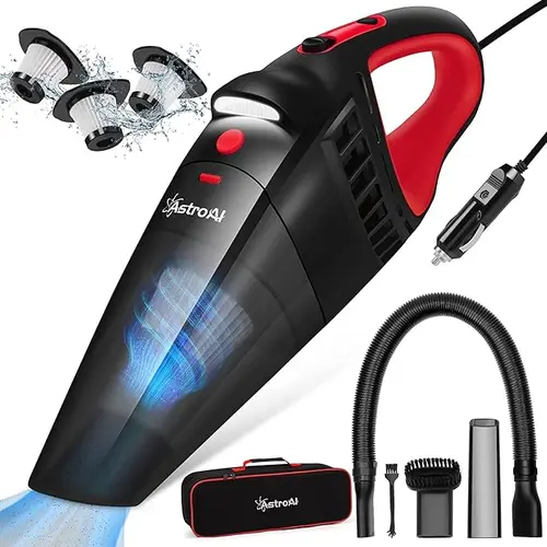 AstroAI Compact Car Vacuum for Car Interior, 12V DC Plug-in, 7500 PA Powerful Suction Motor, 5m Cord, 16.4 Ft Cigarette Lighter Cable, LED Light, 3 Nozzles, Dirt Removal Tool, 2.64 lbs, 2-Year Warranty, Father's Day Gift