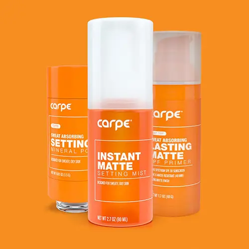 Carpe All-Day Matte Cosmetics Routine for flawless, shine-free skin - Sweat and Shine Absorbing Tinted Primer with SPF for under foundation, Instant Matte Setting Spray, and Mineral Setting Powder