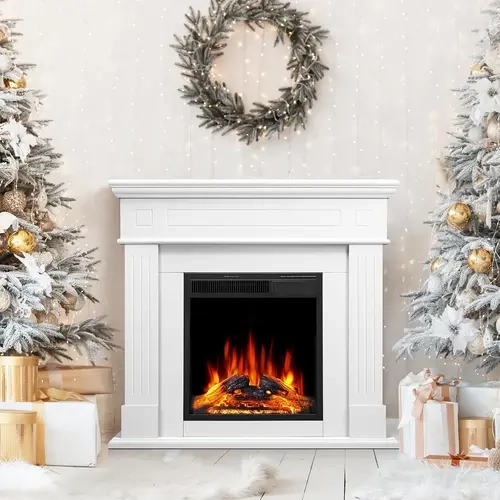 R.W.FLAME 44” Vintage Electric Fireplace Mantel with Wooden Surround - Freestanding Indoor TV Stand, Quartz, Log-Look LED Fire, Remote Control, 5-Level Adjustable Flame, Dual Heat Modes (750W/1500W), Auto Shutoff, Overheat Safe, 43.39"W*13.7"D*39.68"H