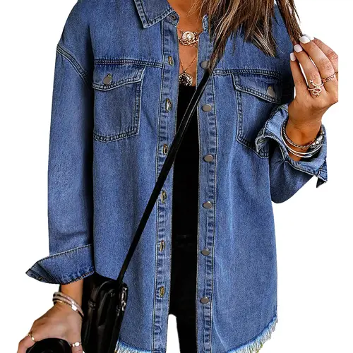 Zeagoo Women's 98% Cotton Cozy Oversize Ripped Tassel Fringe Jean Jacket - Casual Long Sleeve with Pockets, Suitable for Dating, Work, Jean Jacket For Women