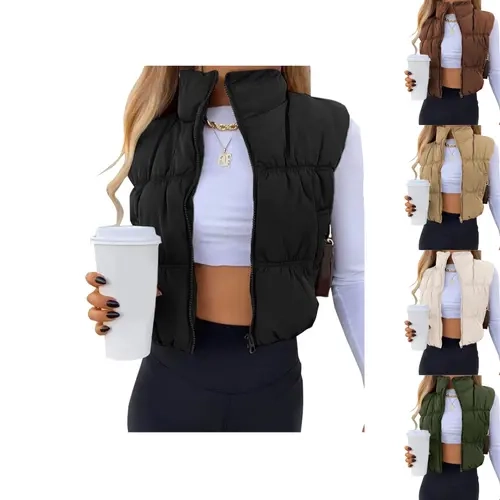 YeeZaa Women's Cropped Puffer Vest Zip Up Stand Collar 2026 #tiktokshopstockup Holiday Haul Christmas Sleeveless Padded Outerwear with Pockets Black Brown Green Tops