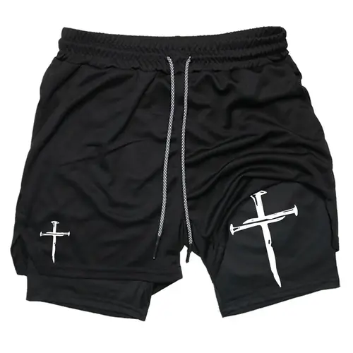 Men's Cross Print 2 in 1 Performance Shorts with Phone Pocket & Towel Loop, Summer Sporty Breathable Quick Drying Shorts, Gym Workout Running Shorts, Activewear Sportswear
