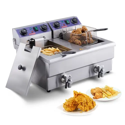 VEVOR Commercial Electric Countertop Adjustable Temperature Fryer, 24L 3000W Dual Removable Stainless Steel Baskets, 122°F-392°F, 1500W Fast Heatup, Time Control, Oil Filtration, Cool-Touch Handle, Flip-Up Clean Tube, Hang-To-Drain Hook for Restaurants