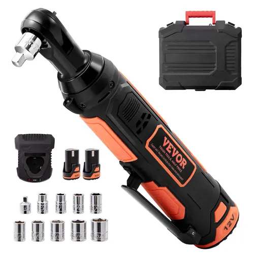 【toolupgrade】VEVOR 33ft-lb Torque Cordless Electric Ratchet Wrench Set, High Torque Power Tool Compatible, Fast Charge, Built-in LED Light, Variable Speed Trigger, 10 Sockets, Rubber Grip, Mechanic & Car Repair Tools