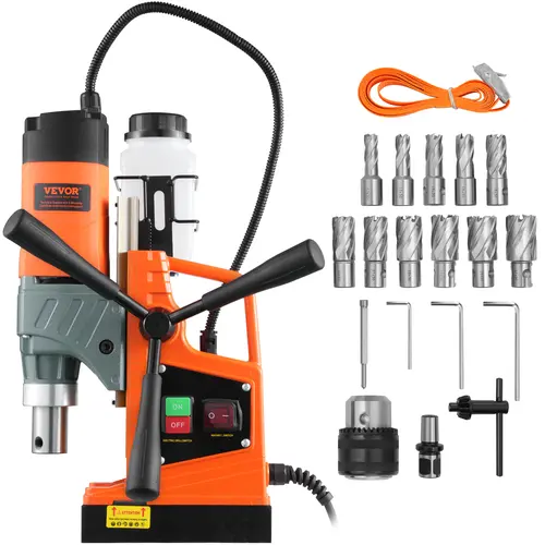 【toolupgrade】VEVOR 1450W Motor Portable Electric Magnetic Drill Press, Variable Speed Industrial Machine with Cooling System, Drill Bits Set & Millimeter Scale for Home Improvement, Railway