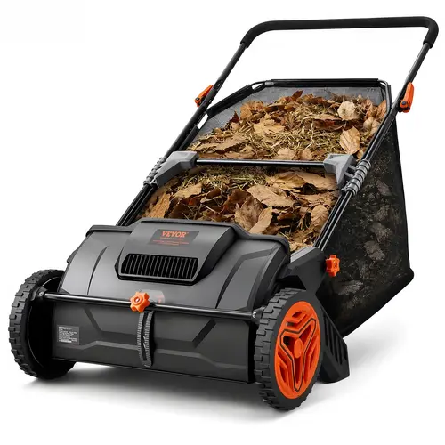 VEVOR 21 in Push Lawn Sweeper, Durable Gardening Tools, Heavy-Duty Thick Steel Frame, 26 cu ft Hopper Capacity, Adjustable Lever, 2 Spinning Brushes, Strong Plastic Wheels, 48.5"/123.2 cm Sweeping Width, Tractor Tow Compatible, Efficient for Driveway