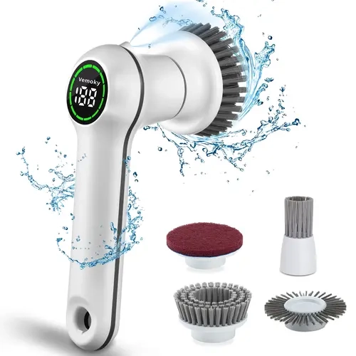 Vemoky Cordless Handheld Scrubber - USB-C Charging Dual Speed Stain Remover, IPX7 Waterproof, <2H Charge, 4 Replaceable Heads, Compact Lightweight ABS Plastic, Built-in Work Light for Everyday Cleaning