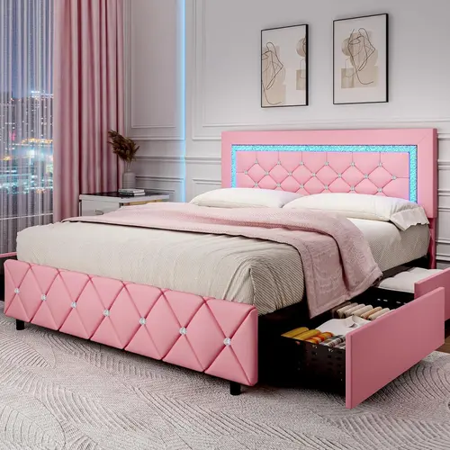 [Summerwins] HOMBCK Bed Frame with Lights and Drawers,  No Mattress,  Diamond Headboard, Faux Leather, Modern Style, No Box Spring Needed, Easy Assembly #summer garden,fathers day gift ideas