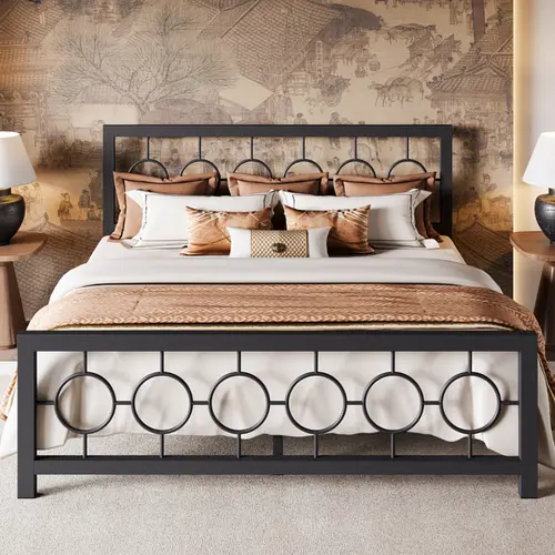 MUTICOR Twin/Full/Queen/King Size Iron Platform Bed Frame with Vintage Circular Design Headboard and Footboard, 【Frame Only No Matress】】Ample Under-Bed Storage, No Box Spring Needed, Black/Brown