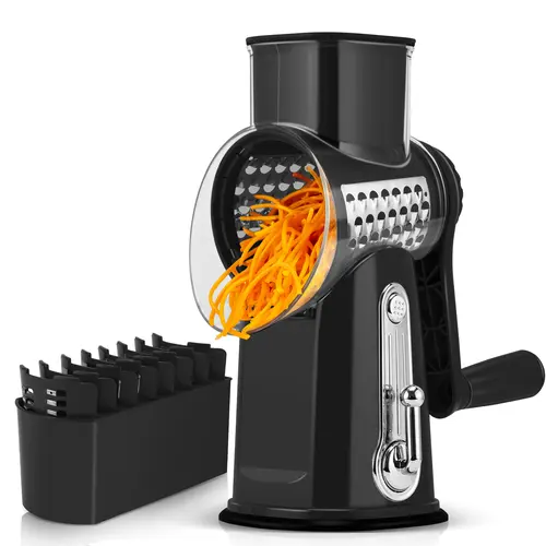 SUSTEAS Rotary Cheese Grater - Kitchen Vegetable Slicer with 5 Stainless Steel Blades, 12x Speed Grating, Fingers-Safe Crank Handle, Strong Suction Cup Base, Blade Storage Box, Dishwasher Safe, Compact for Small Kitchens, Home Cooking & Chocolate Slicing