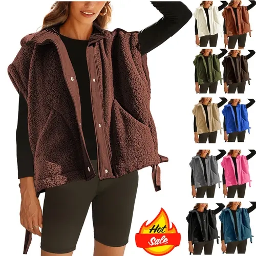 Molitree Women's Preppy Oversized Fuzzy Sherpa Fleece Vest - Sleeveless Button-Down Patchwork Gilet with Pockets, Basic Minimalist Fabric Top for Daily & Holiday Wear